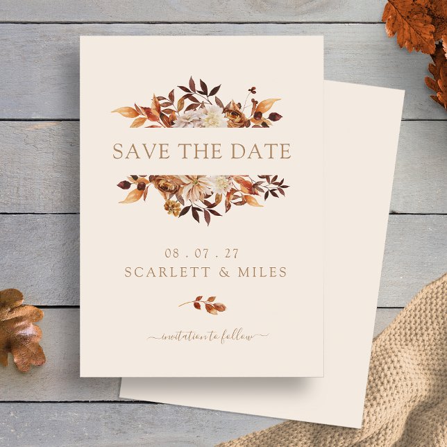 Minimalistiska höst terrakotta blad platt spara datumet (Simple Minimalistic Fall Terracotta Leaves Flat Save The Date by Painted Paperie
)