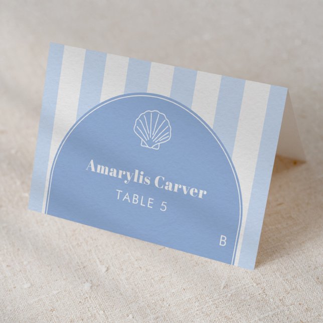 Minimalistiska kustbröllop individuella platskort bordsnummer (Coastal inspired blue and white individual place card design)