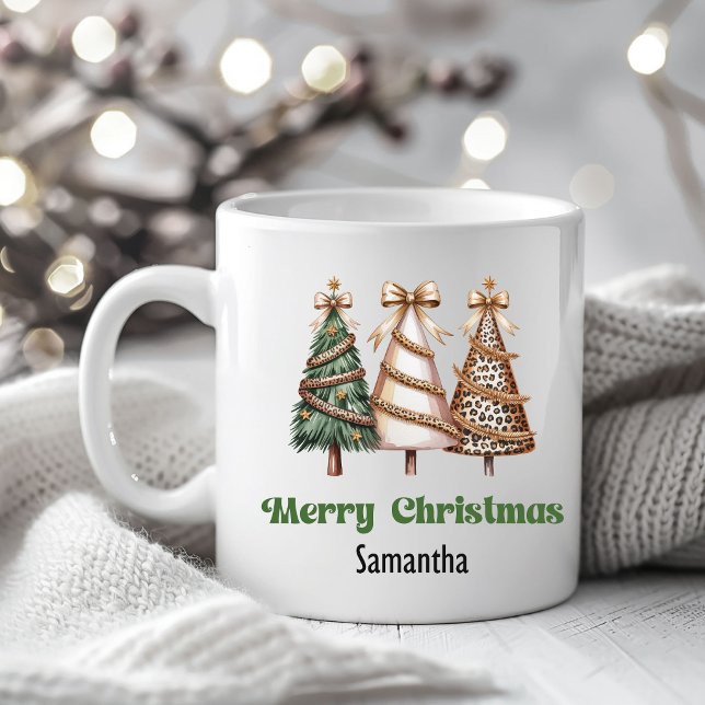 Minimalistiska leopard julgranar personliga kaffemugg (Minimalist leopard christmas trees personalized mug)