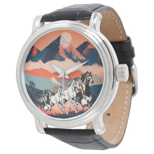 Minimalistiska liggande berg och löpande häst - armbandsur