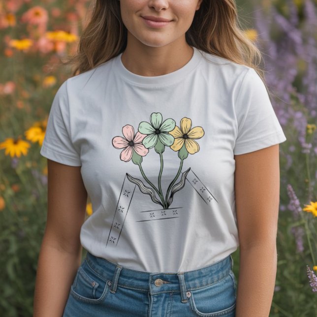 Minimalistiska linjer med färgglada blommor botani t shirt (Skapare uppladdad)