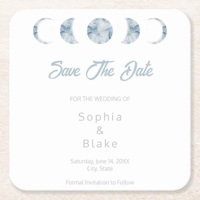 Minimalistiska månfaser Celestial datum för vigsel Underlägg Papper Kvadrat (Framsidan)