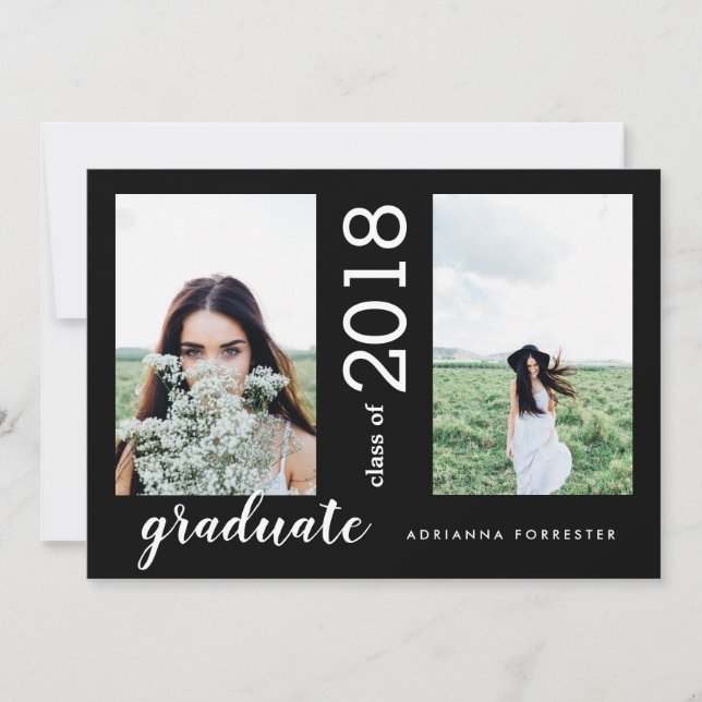 Minimalistiska Modern Student 2-foton| Svart Inbjudningar (Framsida)