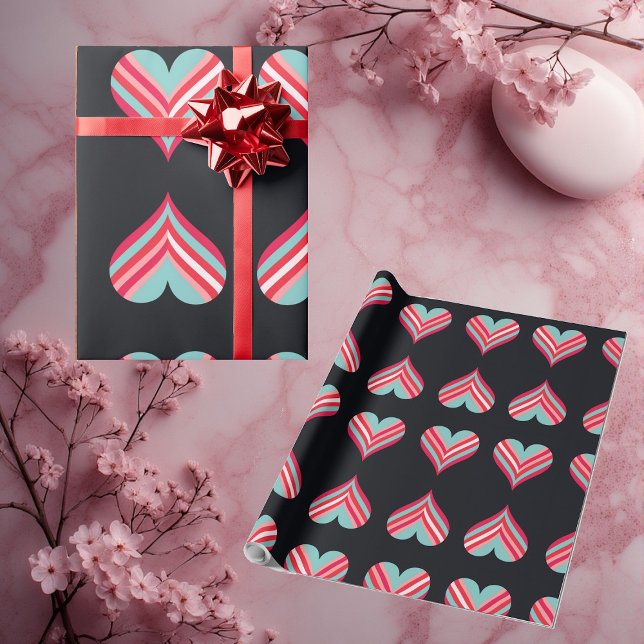 Minimalistiska Moderna Eleganta Hjärtan Romantiska Presentpapper (Minimalist Modern Elegant Hearts Romantic Stripes Wrapping Paper)