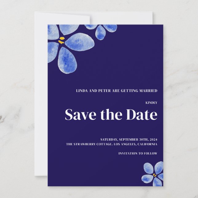 Minimalistiska Mörk blått vattenfärgsblommor Bröll Spara Datumet (Framsida)