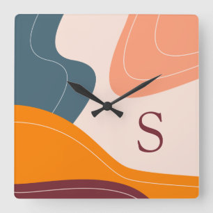 Minimalistiska Organiska Former Vågor Monogram Fyrkantig Klocka