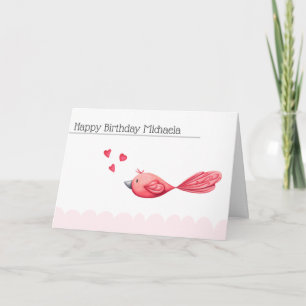 Minimalistiska Rosa Hearts och Bird Grattis på föd Kort