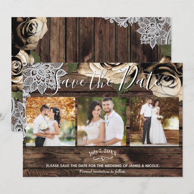 Minimalistiska Rustika Trä Guld Rosor Foto Spara D Inbjudningar (Fram/baksida)