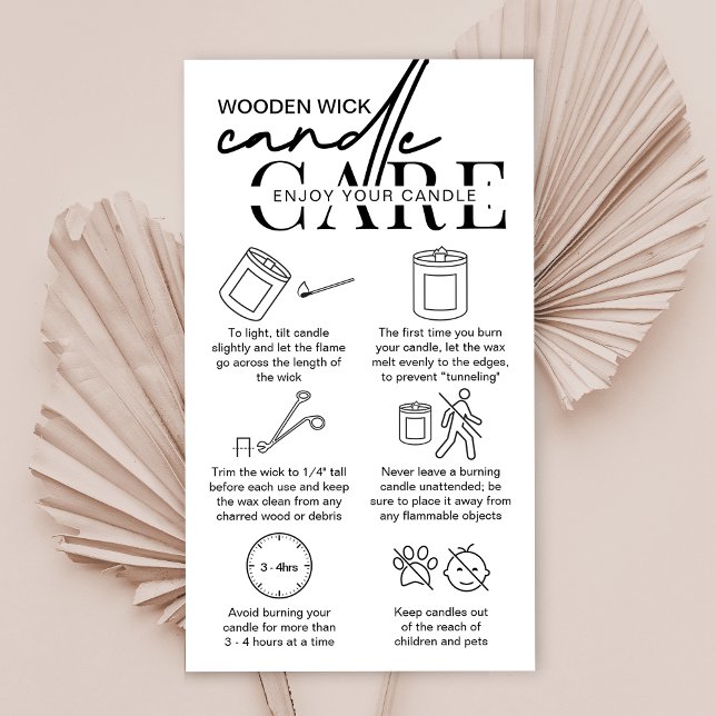 Minimalistiska säkerhetsanvisningar för trästråd visitkort (add the finishing touch to your candle packaging with this wooden wick care card design)