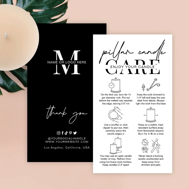 Minimalistiska säkerhetsinstruktioner för ljus i p visitkort (Minimalist pillar candle care instructions business cards with space for your logo and brand details)