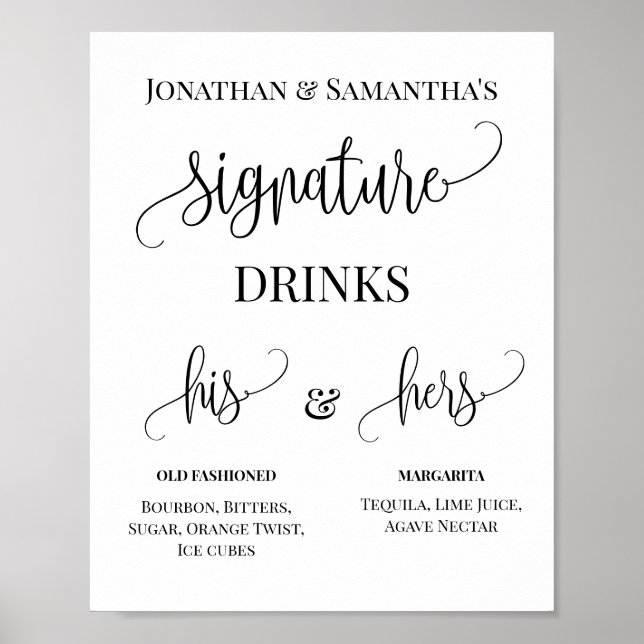 Minimalistiska signaturdrycker Par Bröllopsskylt Poster (Framsidan)