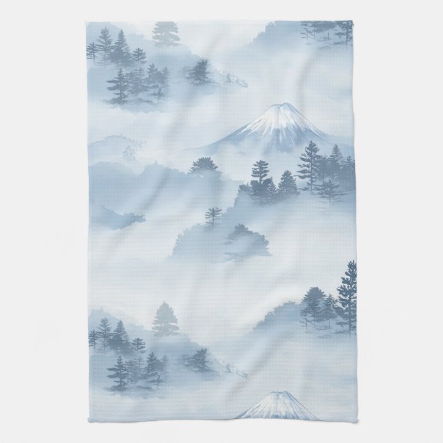 Minimalistiska snötäckta berg i blåvit kökshandduk (Vertikal)