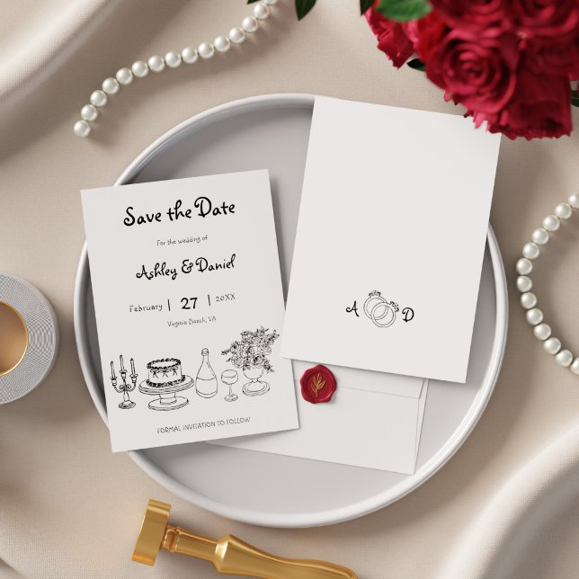 Minimalistiska svart och vita enkla doodle bröllop spara datumet (Minimalist Black and White Simple Doodle Wedding Save The Date)