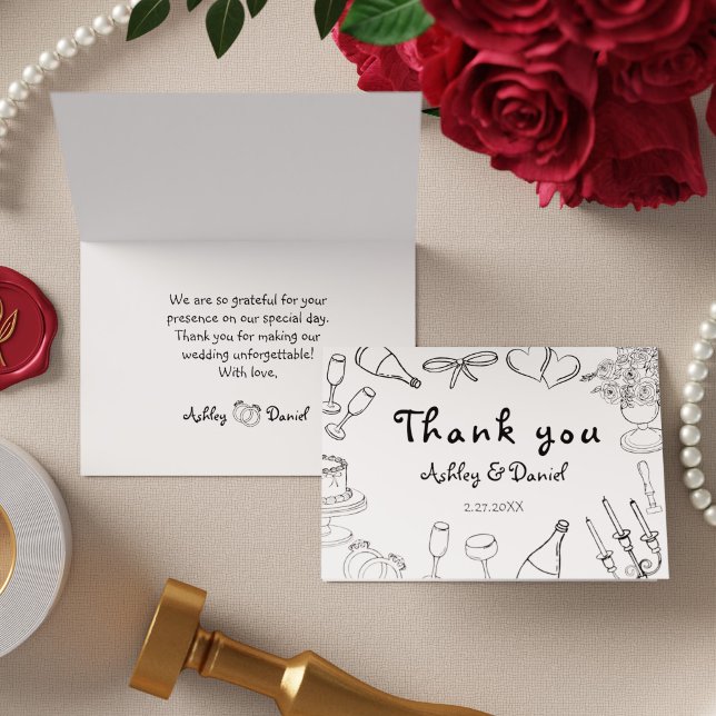 Minimalistiska svart & vitt nyförlovade doodle brö tack kort (Minimalist Black & White Newlyweds Doodle Wedding Thank You Card)