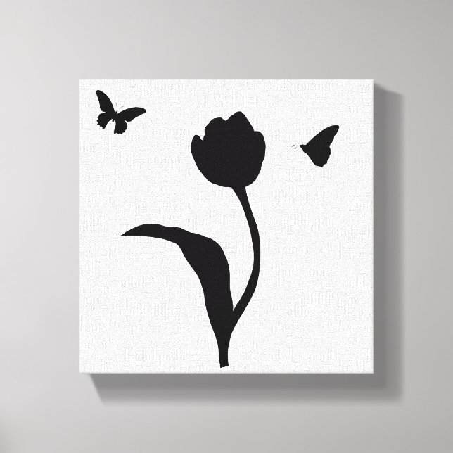 Minimalistiska svarta blommor och fjärilsmuren | M Canvastryck (Framsida)