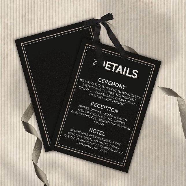 Minimalistiska svarta formella bröllopsdetaljer tilläggskort (Minimalist Black Tie Formal Wedding Details Enclosure Card)