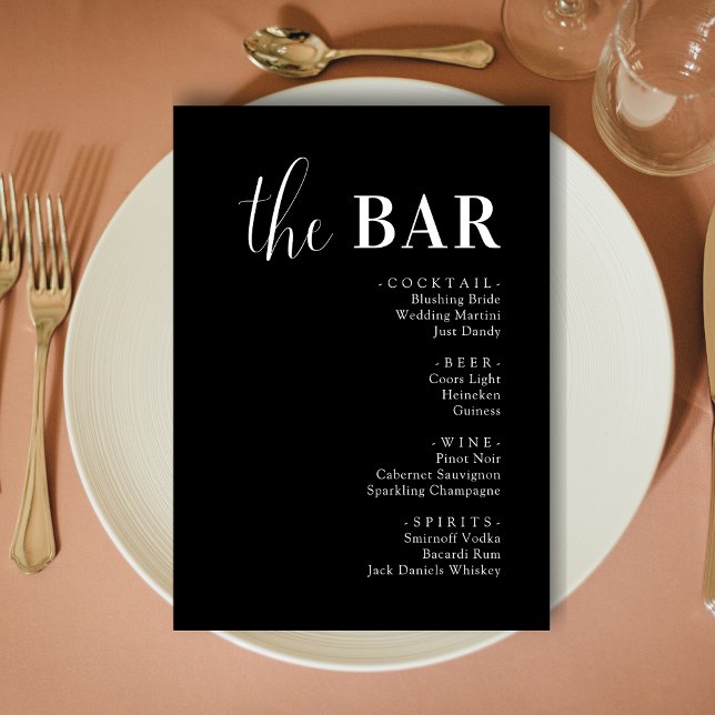 Minimalistiska svarta menykort för drinkbar på brö meny (Minimalist black wedding drinks bar menu cards add sleek style and smooth drink service.)