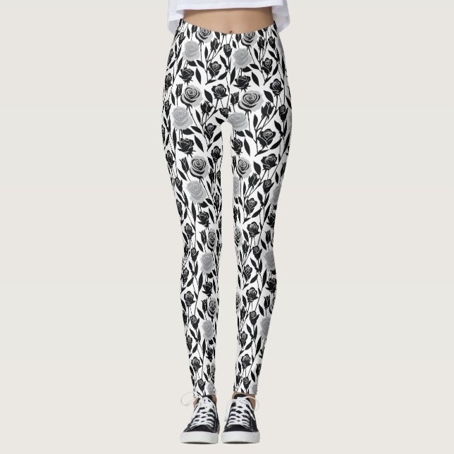 Minimalistiska svarta rosor med ljusgrå stjälkar leggings (Framsida)