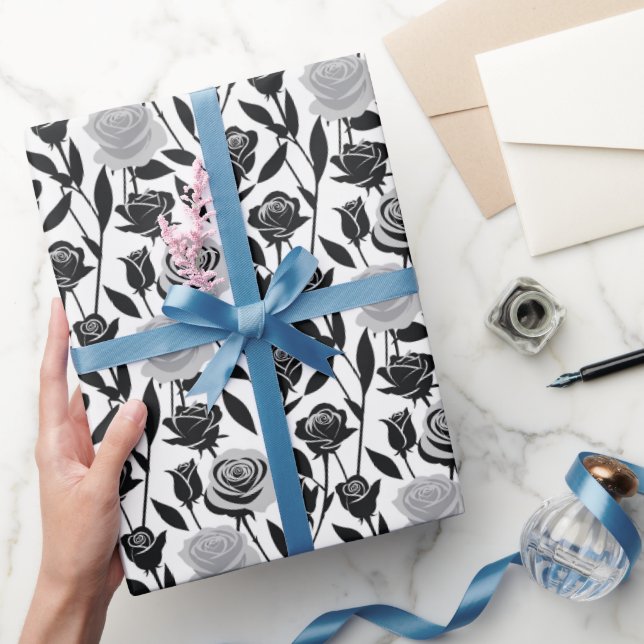 Minimalistiska svarta rosor med ljusgrå stjälkar presentpapper (Gifting)