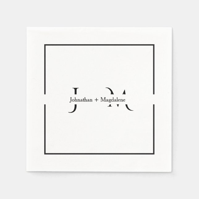 Minimalistiska svarta & vita monogram bröllop  pappersservett (Framsidan)