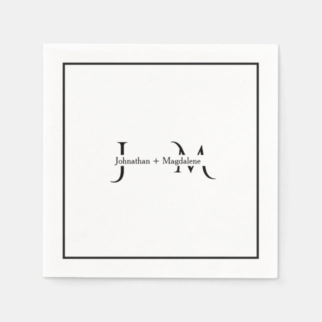 Minimalistiska svarta & vita monogram bröllop  pappersservett (Framsidan)
