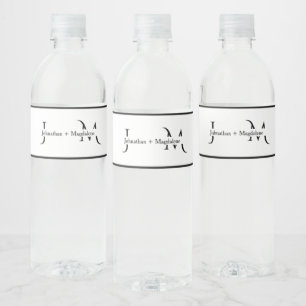 Minimalistiska svarta & vita monogram bröllop  vattenflaska etikett