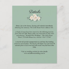 Minimalistiska vita och gröna rosenbröllopsdetalje tilläggskort