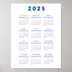 Minimalistiskt 2025-skalenderblått Poster