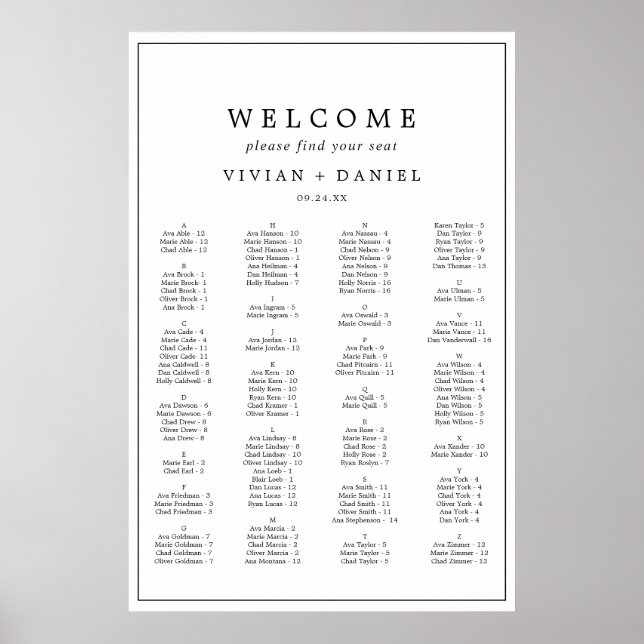 Minimalistiskt alfabetiskt sittdiagram för typogra poster (Framsidan)