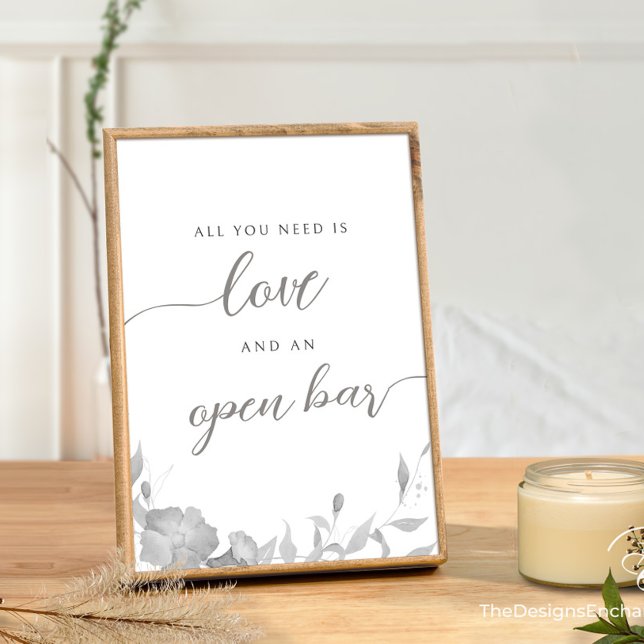 Minimalistiskt Allt du behöver är Kärlek och Open  Inbjudningar (Modern Simple Wedding Love & Open Bar Sign Minimalist Boho Floral Wedding Poster TheDesignsEnchanted)