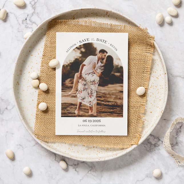 Minimalistiskt Arch Foto Modern Bröllop Spara Datumet (Minimalist Arch Photo Modern Wedding Save The Date)