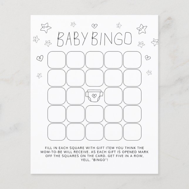 Minimalistiskt Baby Bingo Baby Shower-spel för skr (Framsida)