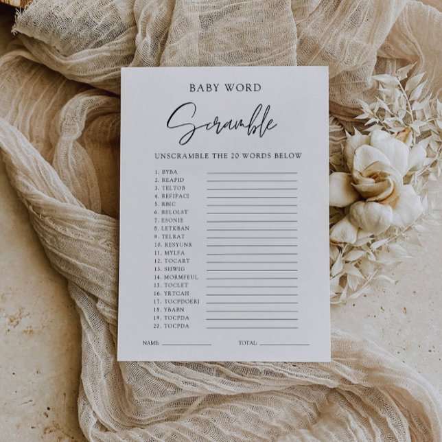 Minimalistiskt babyduschspel - Ord-krämning Inbjudningar (Minimalist Baby shower game – Word scramble Invitation)