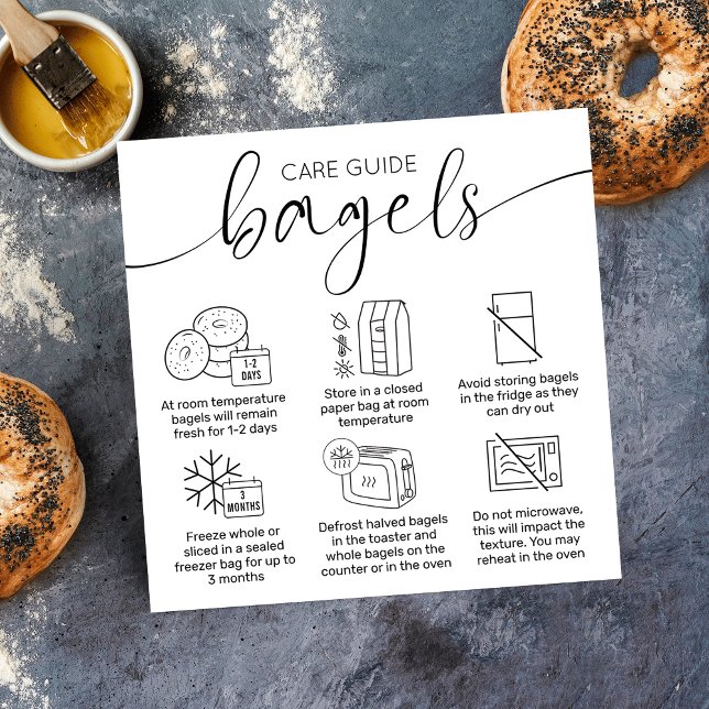 Minimalistiskt bakeri för handbok för tvättanvisni fyrkantigt visitkort (Minimalist modern bagels care instructions cards with care icons, elegant script font)