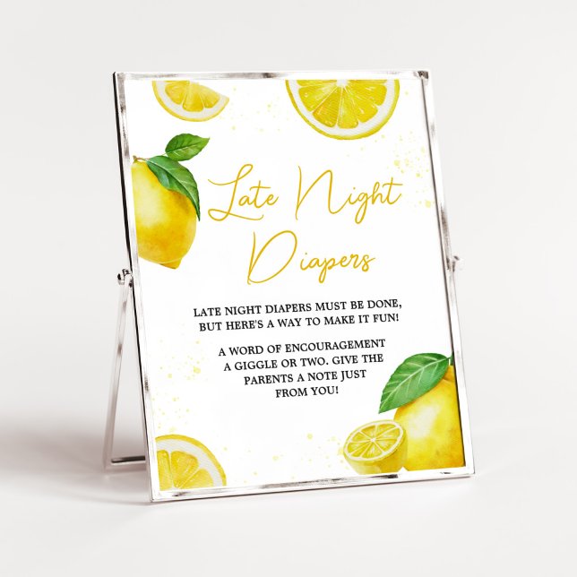 Minimalistiskt barnskuvel för små nattliga tidning poster (Gender Neutral Summer Citrus Baby Shower Late Night Diapers Sign)