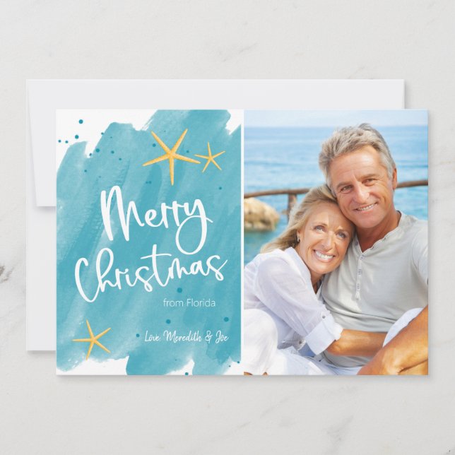 Minimalistiskt Beach Watercolor God jul-kort (Framsida)