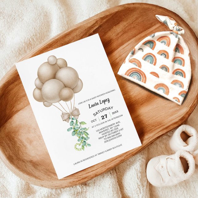 Minimalistiskt Beige Balloons Boho Baby Shower Inbjudningar (Skapare uppladdad)