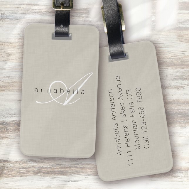 Minimalistiskt Beige Linen Monogram-skript Bagagebricka (Skapare uppladdad)