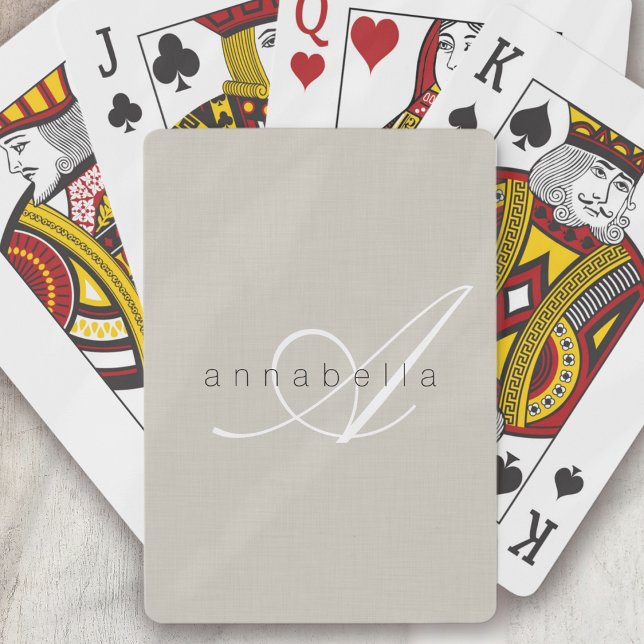 Minimalistiskt Beige Linen Monogram-skript Casinokort (Skapare uppladdad)