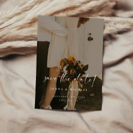 Minimalistiskt Beige-skript QR-kodfoto Bröllop Spara Datumet