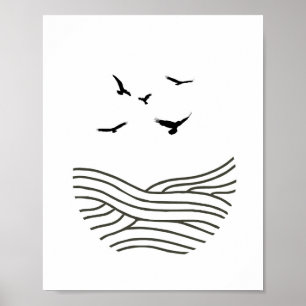 Minimalistiskt Bläck Birds Sea AbstractArt i Svart Poster