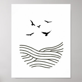 Minimalistiskt Bläck Birds Sea AbstractArt i Svart Poster
