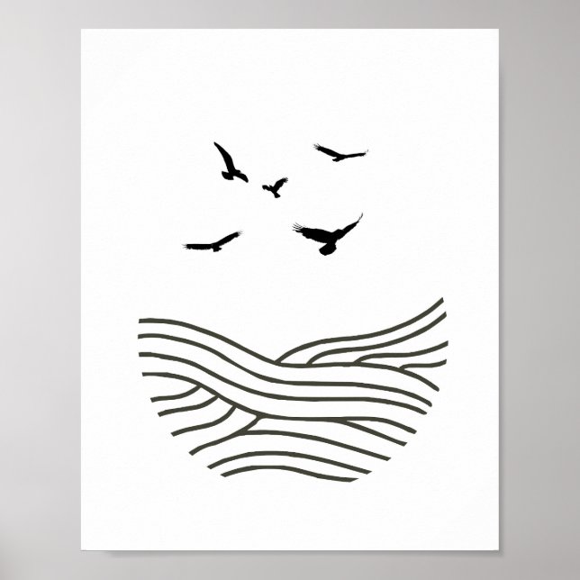 Minimalistiskt Bläck Birds Sea AbstractArt i Svart Poster (Framsidan)