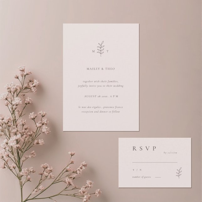 Minimalistiskt blad rosa svart bröllopsinbjudan RS Inbjudningar (Skapare uppladdad)
