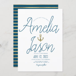 Minimalistiskt blåfaux Foil-skript Nautical Bröllo Inbjudningar