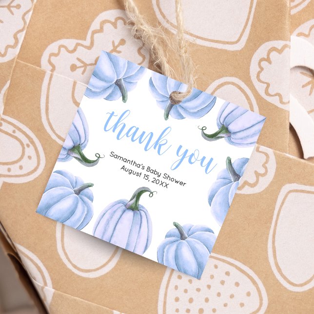 Minimalistiskt blåpumpsfack för små barn gåvor etiketter (Blue Pumpkin Baby Shower Square Favor Tags)