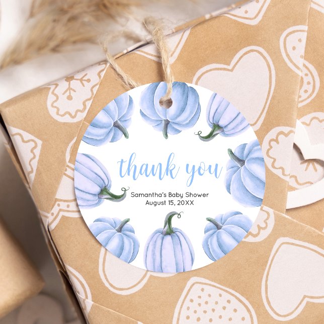 Minimalistiskt blåpumpsfack för små barn runda gåvor etiketter (Blue Pumpkin Baby Shower Round Favor Tags)