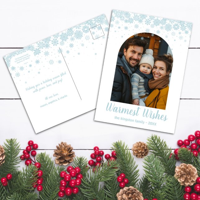 Minimalistiskt blåsnemaljfoto helg vykort (Front and Back Minimalist Snowflake Arched Photo Postcard)
