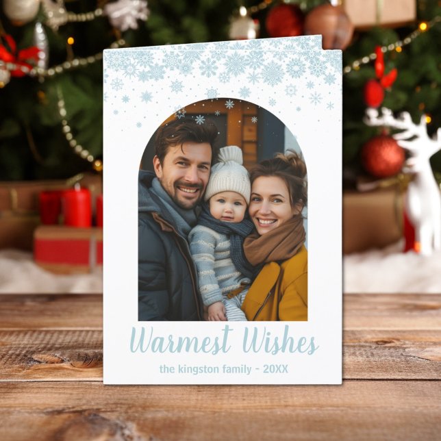 Minimalistiskt blåsnemaljfoto helgkort (Minimalist Snowflake Arched Photo Folded Card)