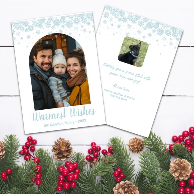Minimalistiskt blåsnemaljfoto julkort (Front and Back Minimalist Snowflake Arched Photo Card)